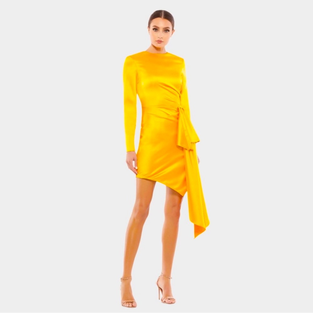 Mac Duggal 70152 NWOT Yellow Asymmetrical Draped Long Sleeve Mini Dress